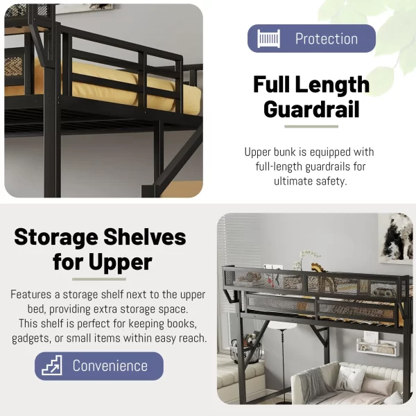 Loft Bed with Stairs, Metal Loft Bed Queen Size with Storage Shelves, Adults Loft Bed with Wardrobe, Heavy Duty High Loft Bed - Image 4