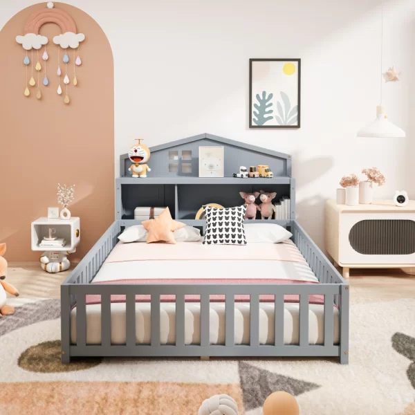 Full-size Montessori Floor Bed with Bookcases and Blackboards, Versatile Platform Beds with Guard rails, Solid Wood Floor Beds - Image 3