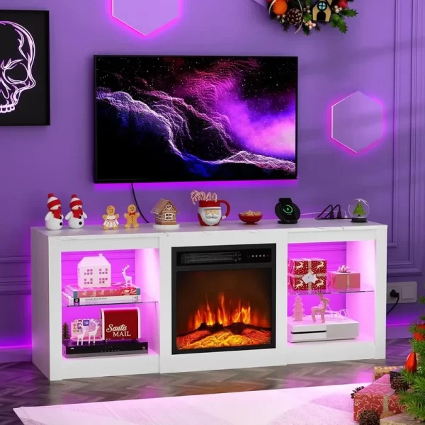 58" Fireplace TV Stand for 65" TV - Entertainment Center with LED Light and Glass Shelves - Image 8