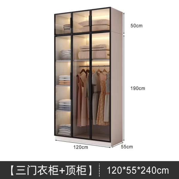 Solid wood large wardrobe household bedroom glass door cloakroom combination cabinet small apartment modern simple storage locke - Image 15